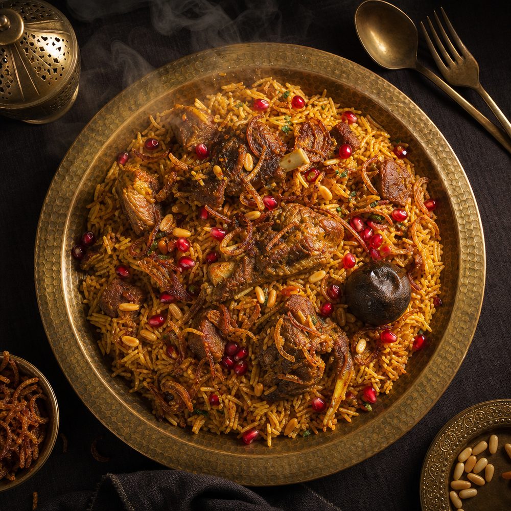 مجبوس لحم بالزعفران على صينية نحاس